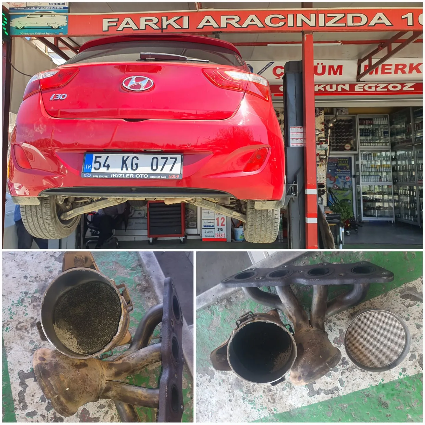 Kırmızı aracın arka görünümü ve farklı egzoz parçalarının iç kesitleri