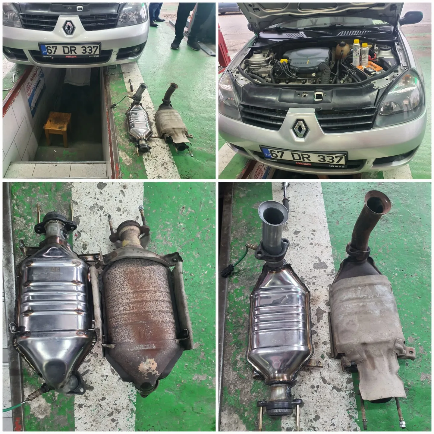 Araç, motor bölümü ve yan yana duran egzoz sistemi parçaları