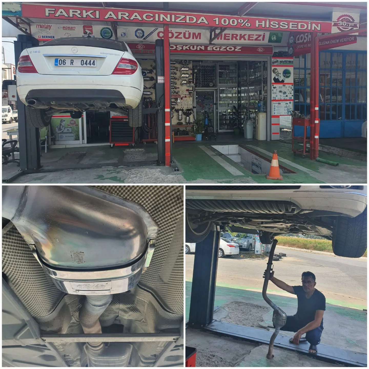 Atölyedeki beyaz araç, araç altı ve çalışma kanalından kareler
