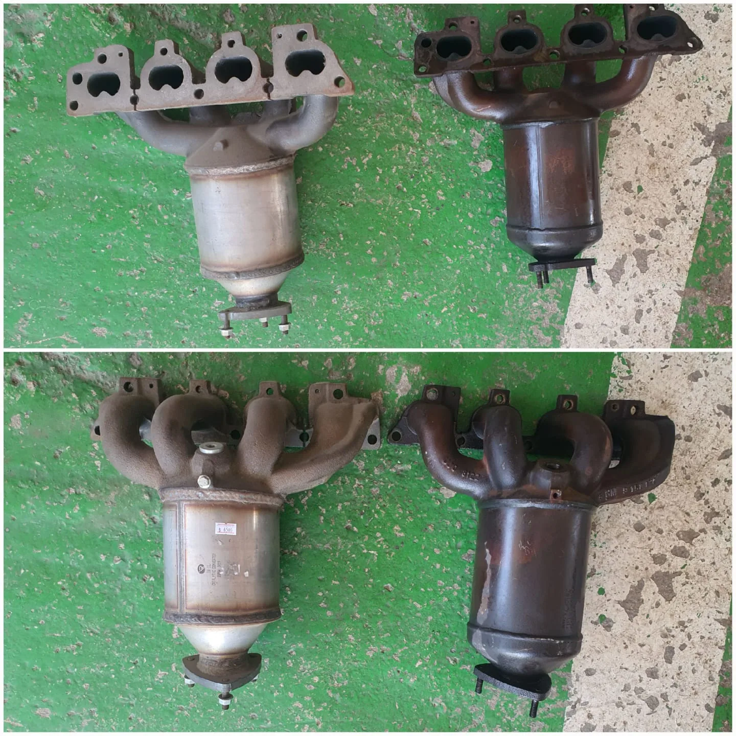 Yan yana sergilenen manifold bağlantılı egzoz parçaları