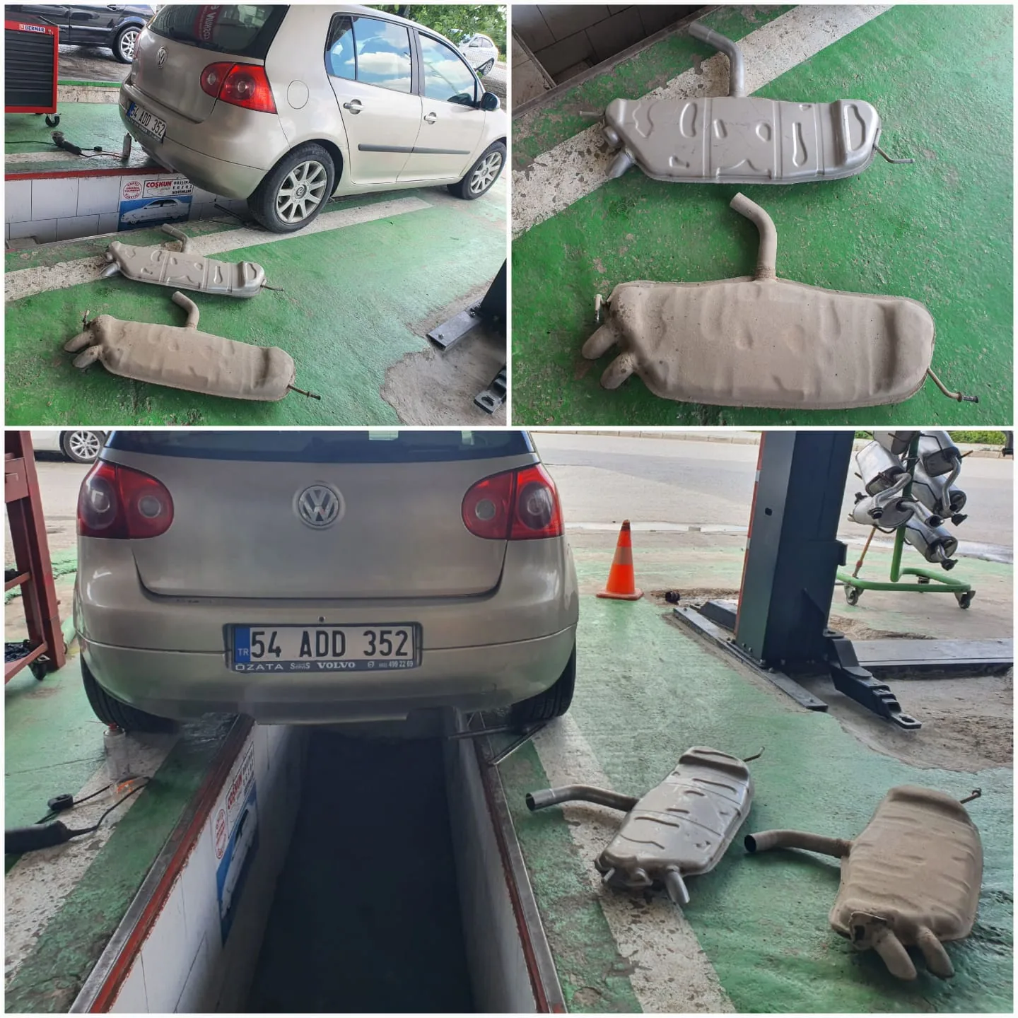 Hatchback araç ve farklı durumdaki susturucu parçaları