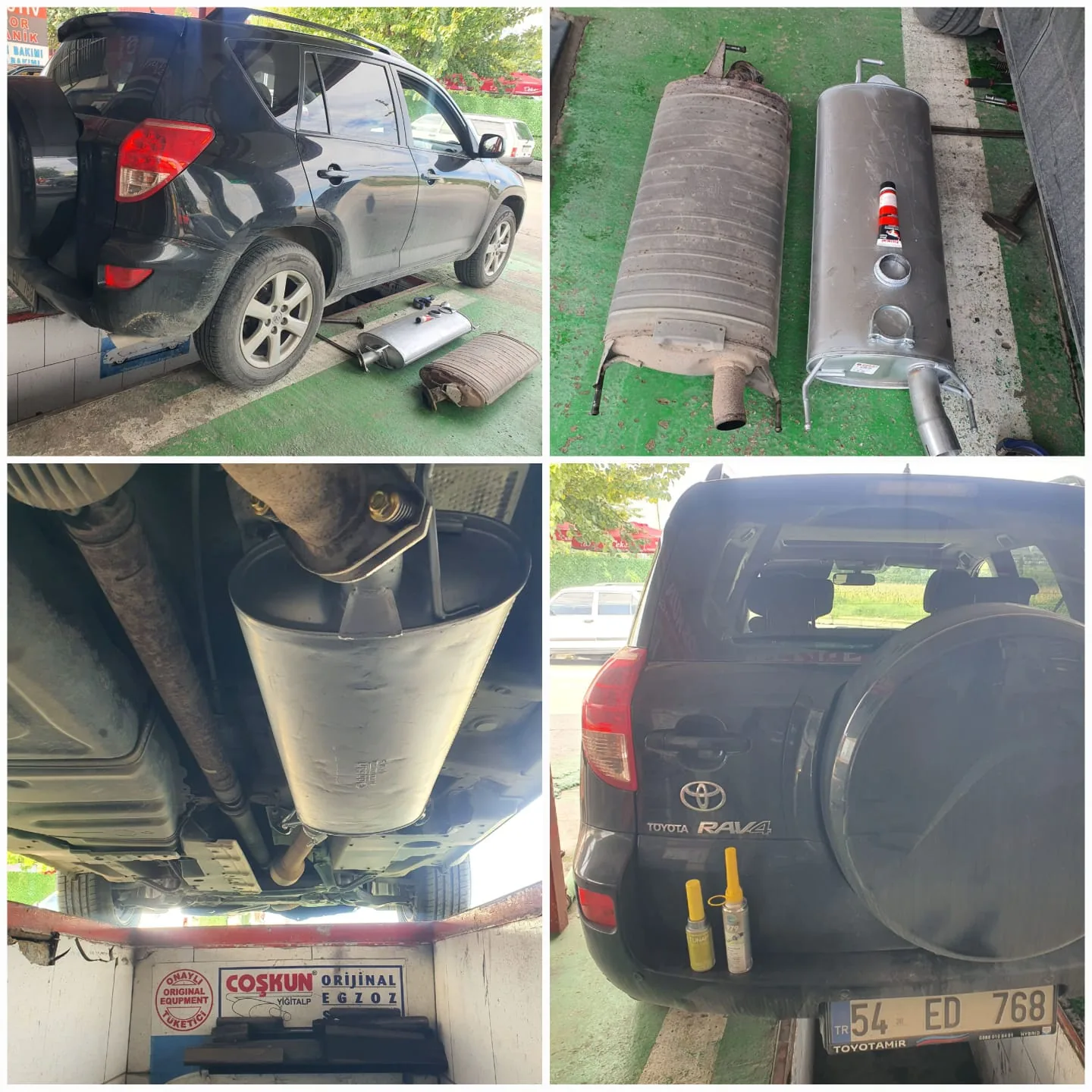 Siyah hatchback araç, susturucular ve araç altından yakın planlar