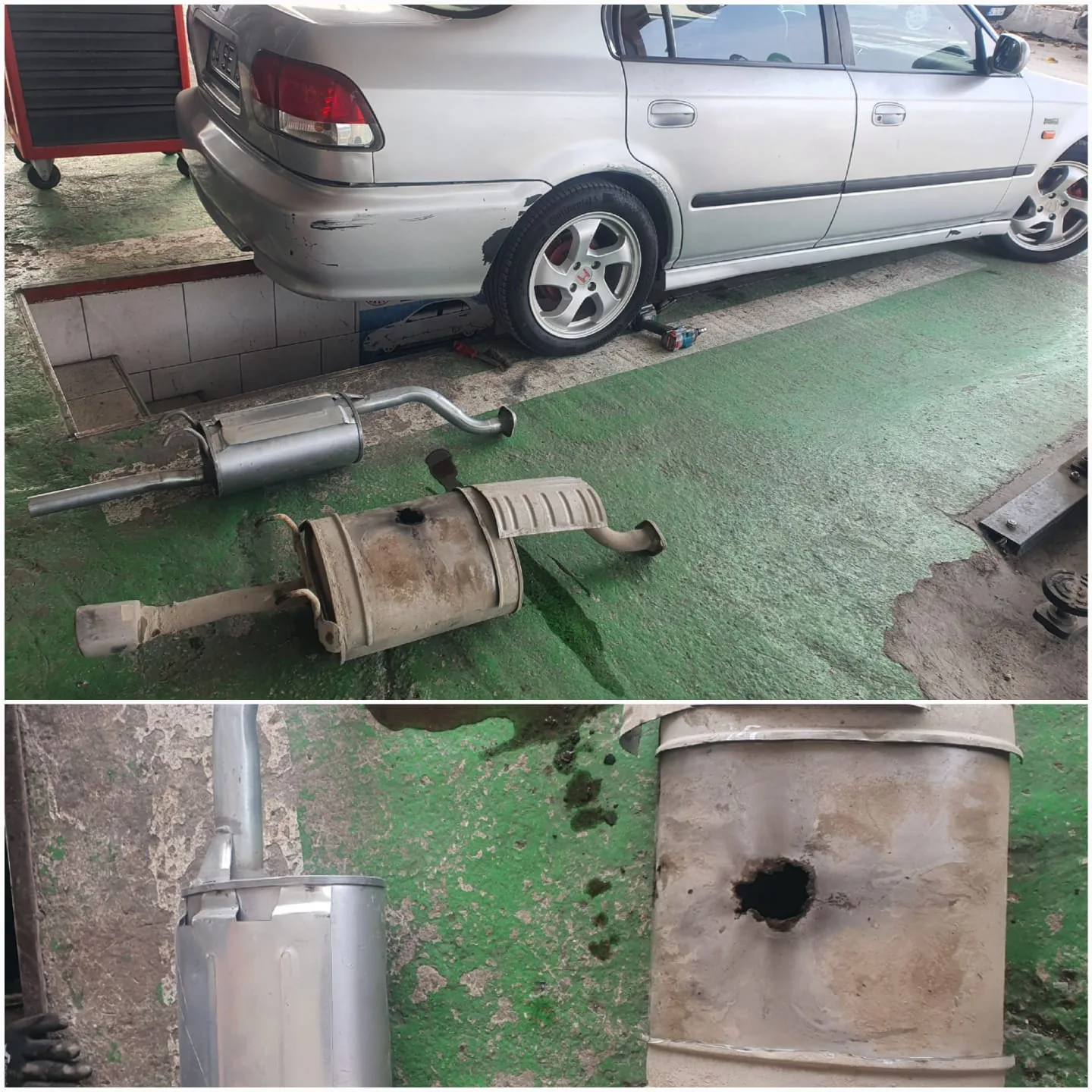 Gümüş renk sedan araç, iki susturucu ve gövde detayları