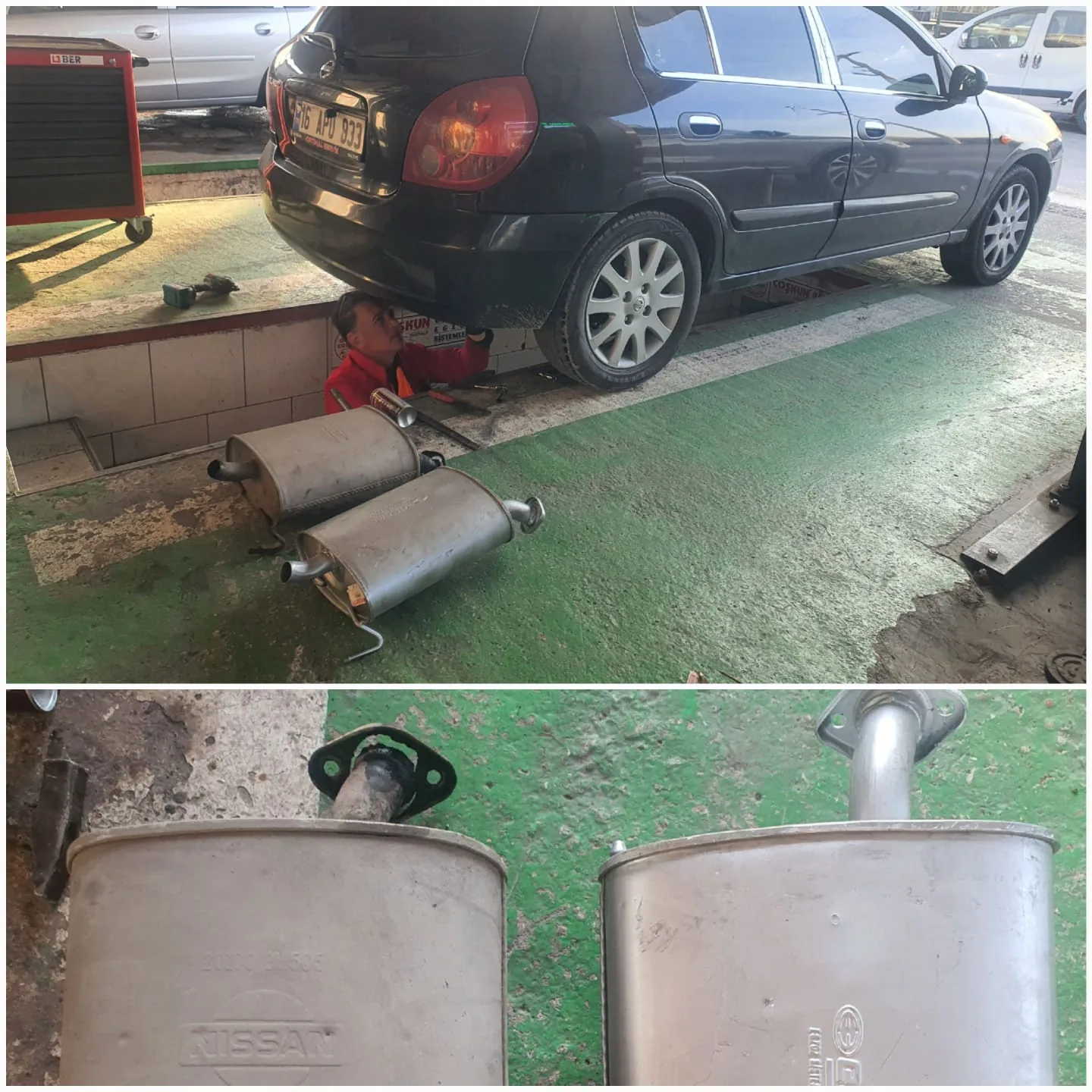 Koyu renk sedan araç ve farklı durumdaki iki susturucu