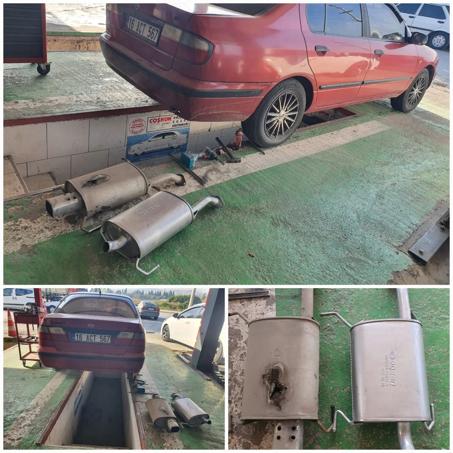 Kırmızı sedan aracın yanında iki susturucu ve egzoz boruları