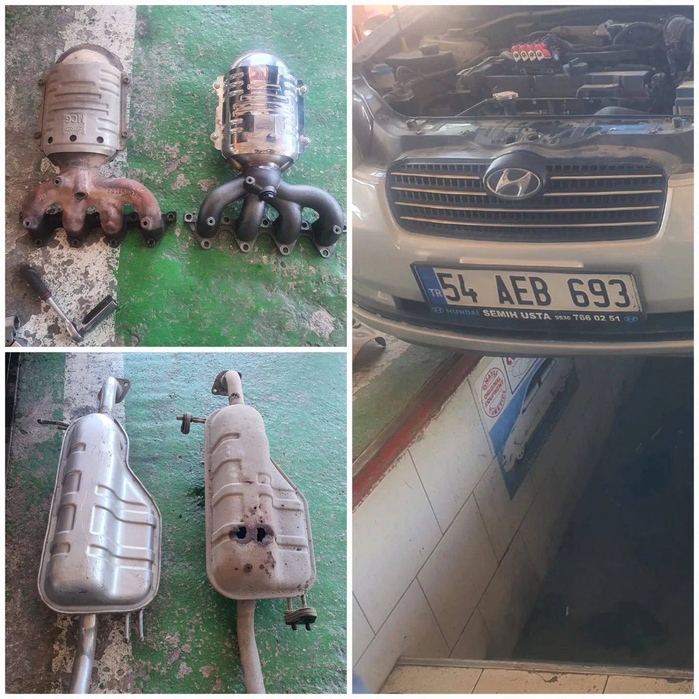 Gümüş renk aracın ön görünümü ve farklı egzoz parçaları