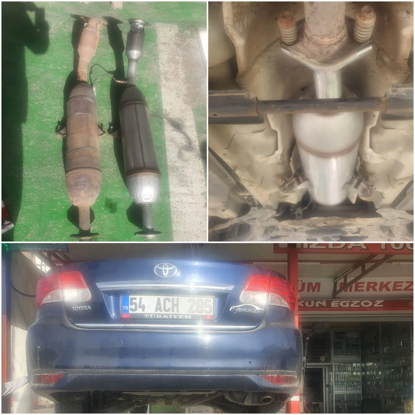 Koyu renk sedan araç ve araç altındaki sistemden yakın planlar
