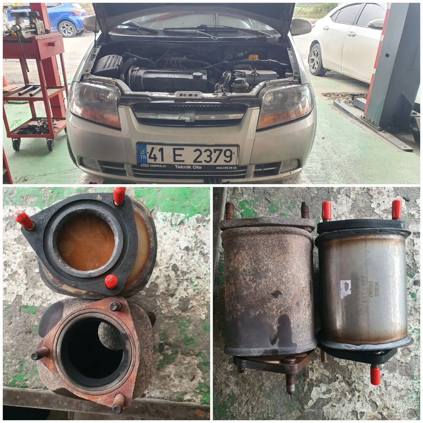 Gri aracın ön görünümü ile egzoz bileşeninin farklı açıları