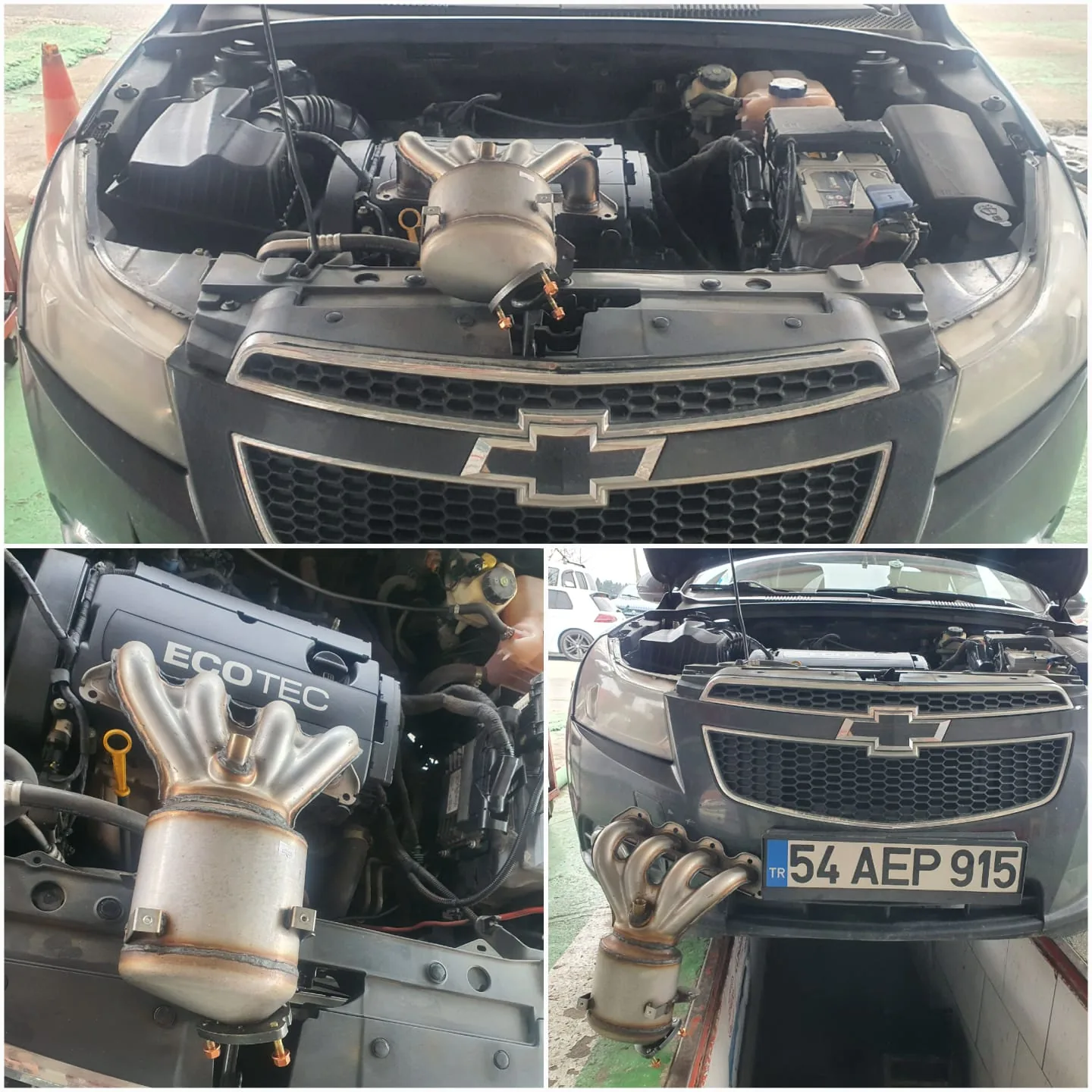 Açık motor bölümü, araç ön görünümü ve egzoz bileşeni
