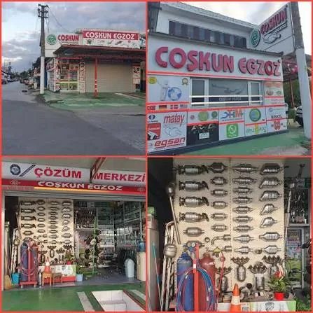 Coşkun Egzoz dış cephesi ve parça sergileme alanından dört fotoğraflı kolaj