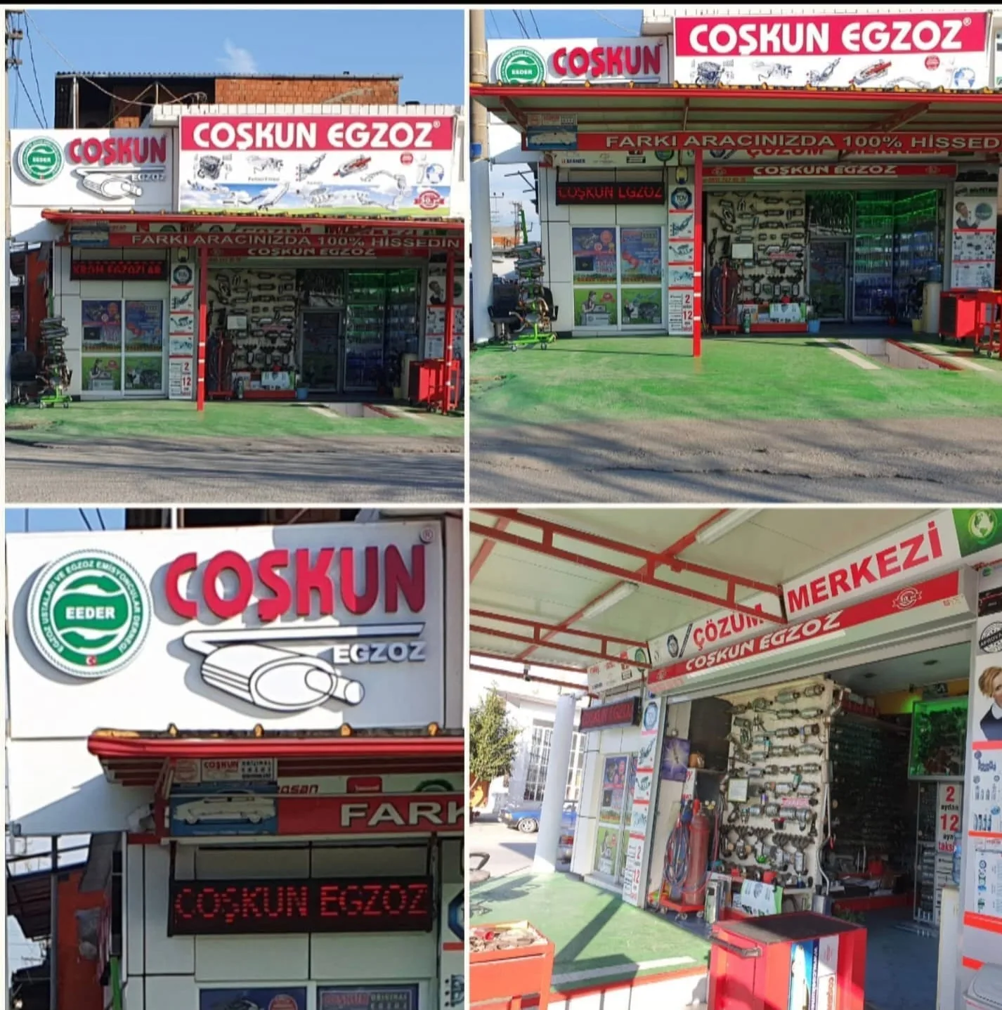 Coşkun Egzoz tabelası ve işletme girişinden dört kare